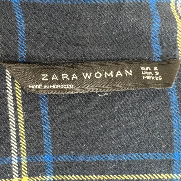 ZARA Navy Blue Red Tartan Plaid Asymmetric ButtonUp Tie Waist Midi Shirt Dress S - Picture 7 of 8